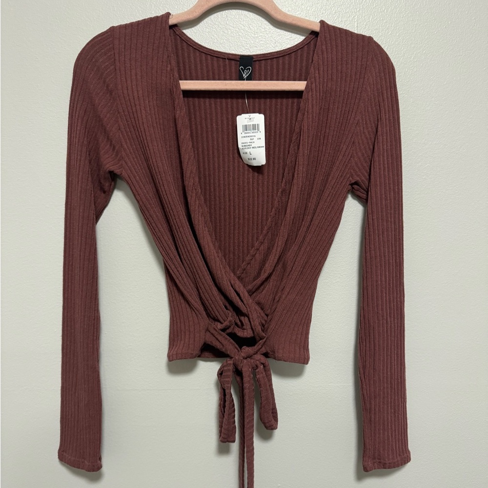 Windsor Burgundy V Neck Ribbed Tie Waist Long Sleeve Top